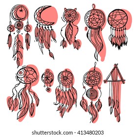 Set of 10 colored dreamcatchers. Hand-drawn with ink dream catcher with feathers. Ethnic illustration, tribal, American Indians traditional symbol. Tribal theme.Red coral spots colored.