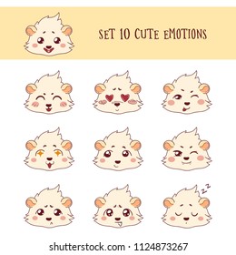 Set of 10 Colored Funny Cavy  Emoticons. Cartoon guinea pig, isolated on transparent background 