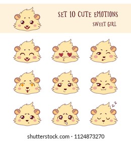 Set of 10 Colored Funny Girl Cavy  Emoticons. Cartoon guinea pig, isolated on transparent background 