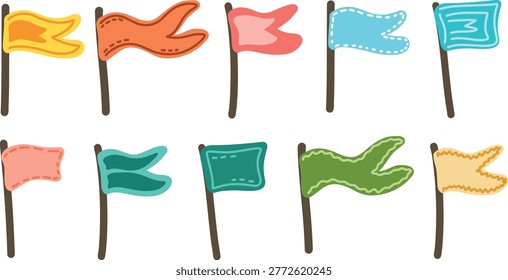 Set of 10 colorful decorative flags on poles in flat style. The collection includes a variety of flag shapes such as wavy, rectangular, pointed, and ribbon-like forms. Each flag features a unique design with different edges, stitching details, and patterns. The set is presented in a bright color palette including yellow, orange, pink, blue, green, and beige tones, combined with simple brown poles.