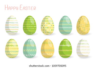 Set of 10 colorful Easter eggs with abstract hand-drawn patterns.