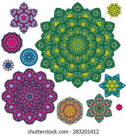 Set of 10 colorful round ornaments, kaleidoscope floral patterns.