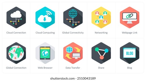 Un conjunto de 10 iconos de comunicación como conexión en la nube, computación en la nube, conectividad global