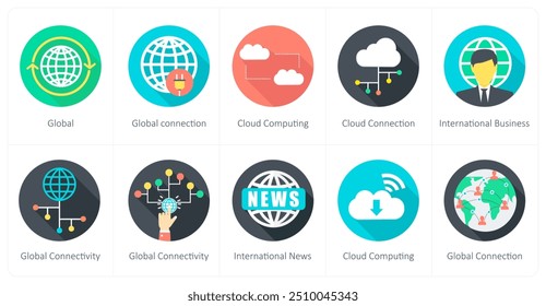 Um conjunto de 10 ícones de comunicação como conexão global, global, computação em nuvem