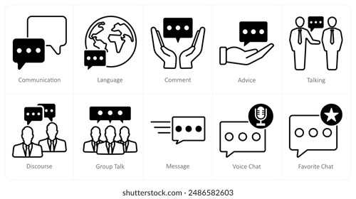 A set of 10 communication icons as communication, language, comment