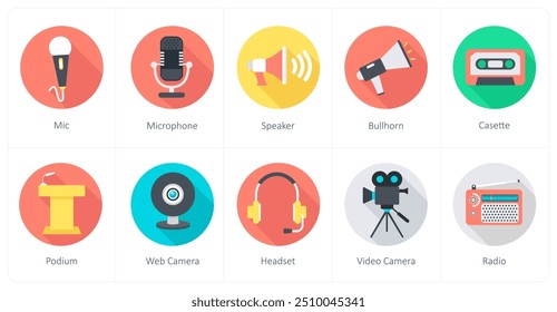 A set of 10 Communication icons as mic, microphone, speaker