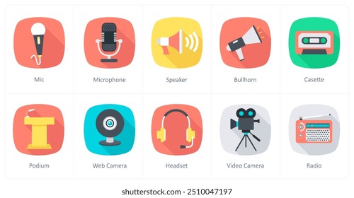 A set of 10 Communication icons as mic, microphone, speaker