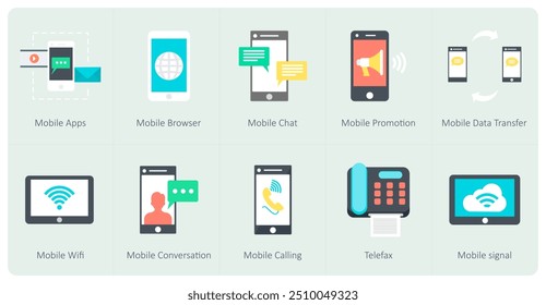 Eine Reihe von 10 Kommunikationssymbolen als mobile Apps, mobiler Browser, mobiler Chat