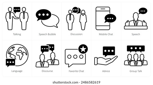 Un conjunto de 10 iconos de comunicación como hablar, burbuja de habla, discusión