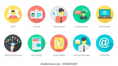 Um conjunto de 10 ícones de comunicação como equipe, cartão de identificação, chamada comercial
