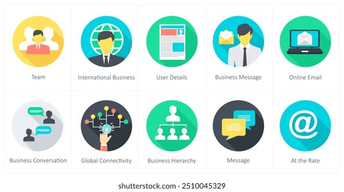 Um conjunto de 10 ícones de comunicação como equipe, negócios internacionais, detalhes do usuário