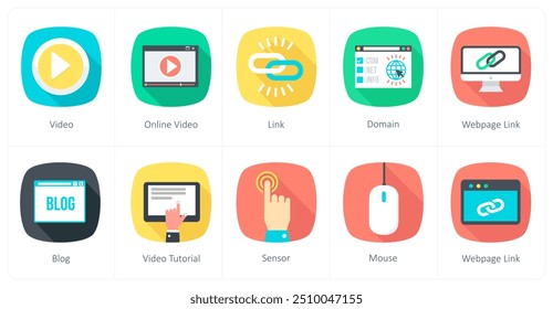 Um conjunto de 10 ícones de comunicação como vídeo, vídeo on-line, link