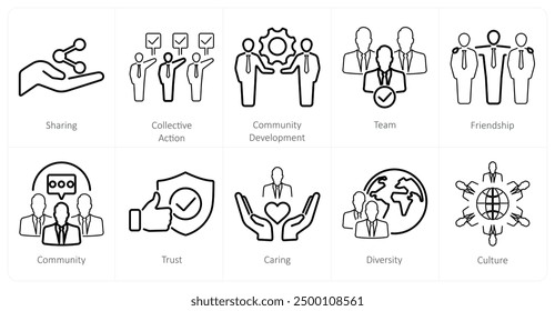 A set of 10 community icons as sharing, collective action, community development