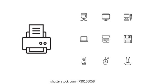 Set Of 10 Computer Outline Icons Set.Collection Of PC, Laptop, Printer And Other Elements.