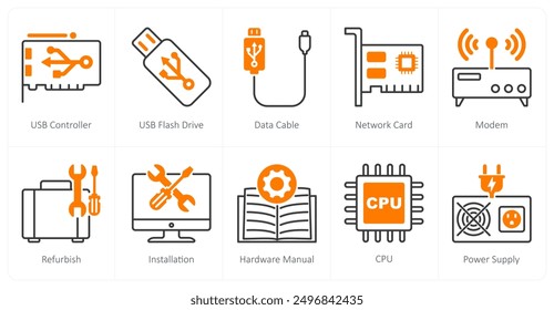 Un conjunto de 10 iconos de piezas de computadora como controlador usb, unidad flash usb, cable de datos