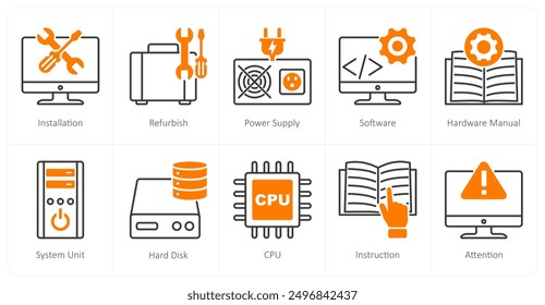 A set of 10 Computer Parts icons as installation, refurnish, power supply