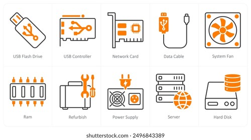 A set of 10 Computer Parts icons as usb flash drive, usb controller, network card