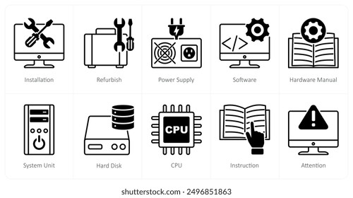 A set of 10 Computer Parts icons as installation, refurnish, power supply