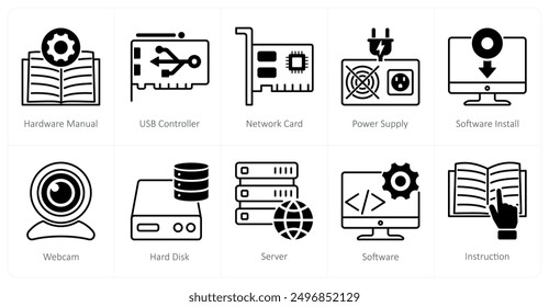 Ein Satz von 10 Computerteile-Symbole als Hardware-Handbuch, USB-Controller, Netzwerkkarte