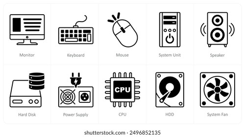 Un conjunto de 10 iconos de piezas de computadora como monitor, teclado, ratón