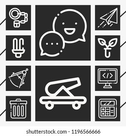 Set of 10 concept outline icons such as cannon, biology, trash, compass, paper plane, calculator, coding, handcuffs, chat