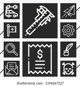 Set of 10 concept outline icons such as christian, inkwell, paper plane, search, caliper, electric car, mail, bill, danger