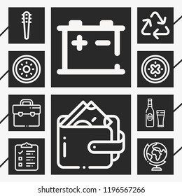 Set of 10 concept outline icons such as shield, weapons, suitcase, beer, checklist, wallet, accumulator, recycle