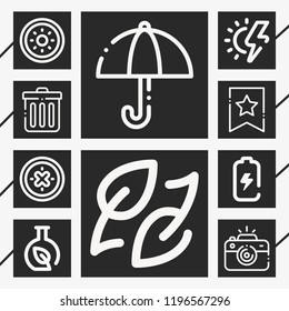 Set of 10 concept outline icons such as shield, battery, trash, save button, camera, sun energy, umbrella, ecology