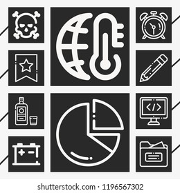Set of 10 concept outline icons such as chart, save button, clocks, accumulator, coding, herbal liquor, pencil, global warming, folder