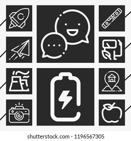 Set of 10 concept outline icons such as battery, eco food, paper plane, camera, biofuel, gps, measuring, startup, industry
