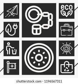 Set of 10 concept outline icons such as christian, suitcase, view, paper plane, recyclable, green energy, handcuffs, trash, eco
