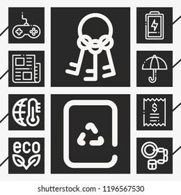 Set of 10 concept outline icons such as keys, battery status, recycling, gamepad, handcuffs, umbrella, news, bill, global warming