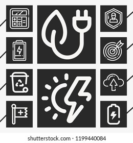 Set of 10 concept outline icons such as christian, battery, battery status, protect, trash, calculator, sun energy, green energy, target