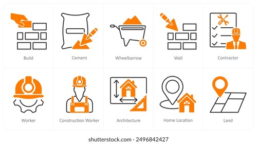 A set of 10 Construction icons as build, cement, wheel barrow