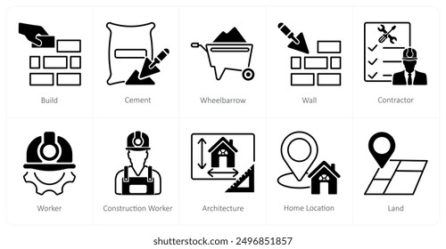 A set of 10 Construction icons as build, cement, wheel barrow