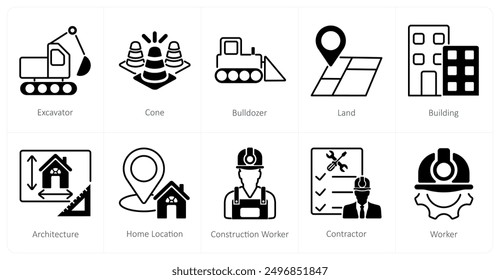 A set of 10 Construction icons as excavator, cone, bulldozer