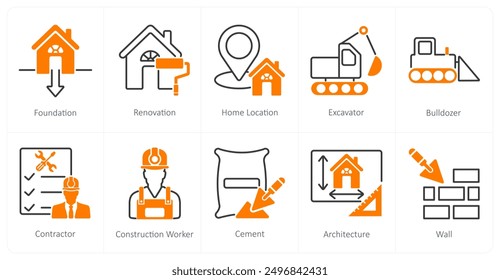 A set of 10 Construction icons as foundation, renovation, home location