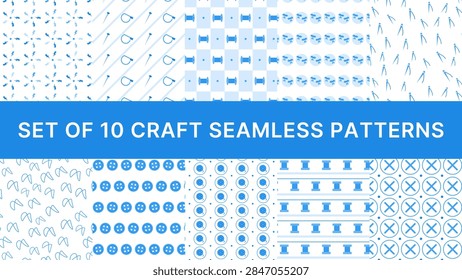 Set of 10 craft seamless patterns in coordinated colors: zigzag stitch wreath, pin diagonal, bobbin checker and more. Every tile repeats perfectly for backgrounds and textiles.