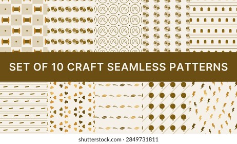 Set of 10 craft seamless patterns in coordinated colors: bobbin checker, button paired, thread tangle medallion and more. Every tile repeats perfectly for backgrounds and textiles.