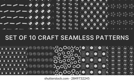 Set of 10 craft seamless patterns in coordinated colors: measuring tape half drop, thimble diagonal, bobbin paired and more. Every tile repeats perfectly for backgrounds and textiles.