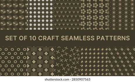 Set of 10 craft seamless patterns in coordinated colors: bobbin paired, lace flower medallion, ribbon stripe and more. Every tile repeats perfectly for backgrounds and textiles.