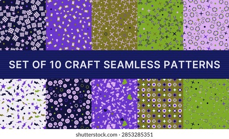 Set of 10 craft seamless patterns in coordinated colors: woven swatch scatter, bobbin scatter, cross stitch scatter and more. Every tile repeats perfectly for backgrounds and textiles.