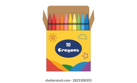 Set of 10 crayons arranged in an open cardboard box with a bright yellow package design and playful illustrations. Cheerful children's art and education concept representing creativity, drawing, coloring, learning, preschool activities, and school supplies. Isolated on a white background.