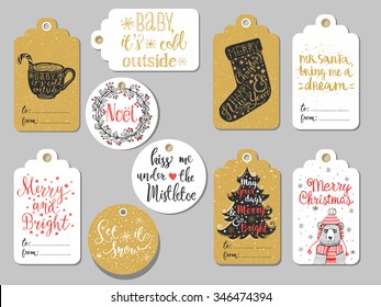 Set of 10 creative Christmas hand drawn gift tags. Cup of hot chocolate, peppermint lollipop, Christmas sock, Christmas tree, mistletoe wreath, handwritten lettering, bear in knitted hat and scarf 