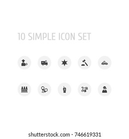 Set Of 10 Crime Icons Set.Collection Of Truck, Inspector, Police Car And Other Elements.