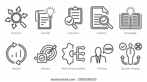 A set of 10 critical thinking icons as research, evaluation, evidence