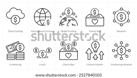 A set of 10 crowdfunding icons as cloud funding, international currency, global funding