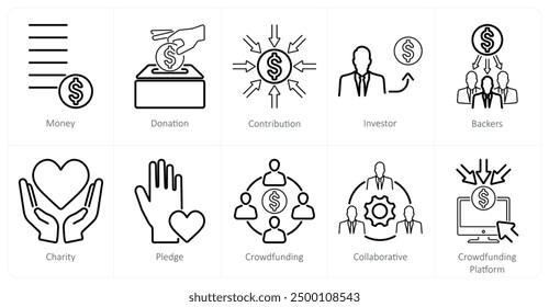 A set of 10 crowdfunding icons as money, donation, contribution, investor