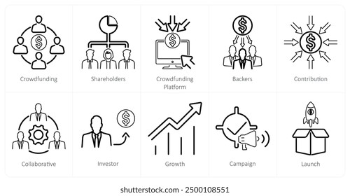 A set of 10 crowdfunding icons as crowdfunding, shareholders, crowdfunding platform