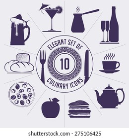 Set of 10 culinary icons - coffee turk, wine bottle, cup, teapot, hamburger, apple, pizza, bakery, beer and martini. For your cafe or restaurant design. 